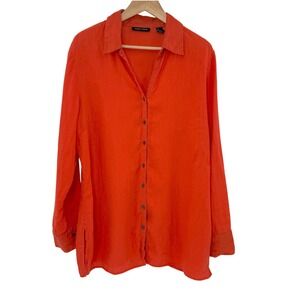 Valerie Stevens Orange Linen Button Up Shirt Size XL Roll‎ Tab Sleeves